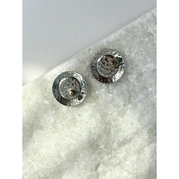 Vintage Silver & Green Toned Hammered Round 80's Statement Retro Studs - Picture 3 of 5